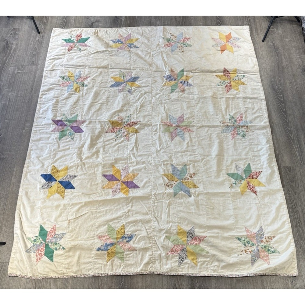 Vintage LeMoyne Eight Point Star Quilt 66x78 Feedsack Scrappy Handmade 40s